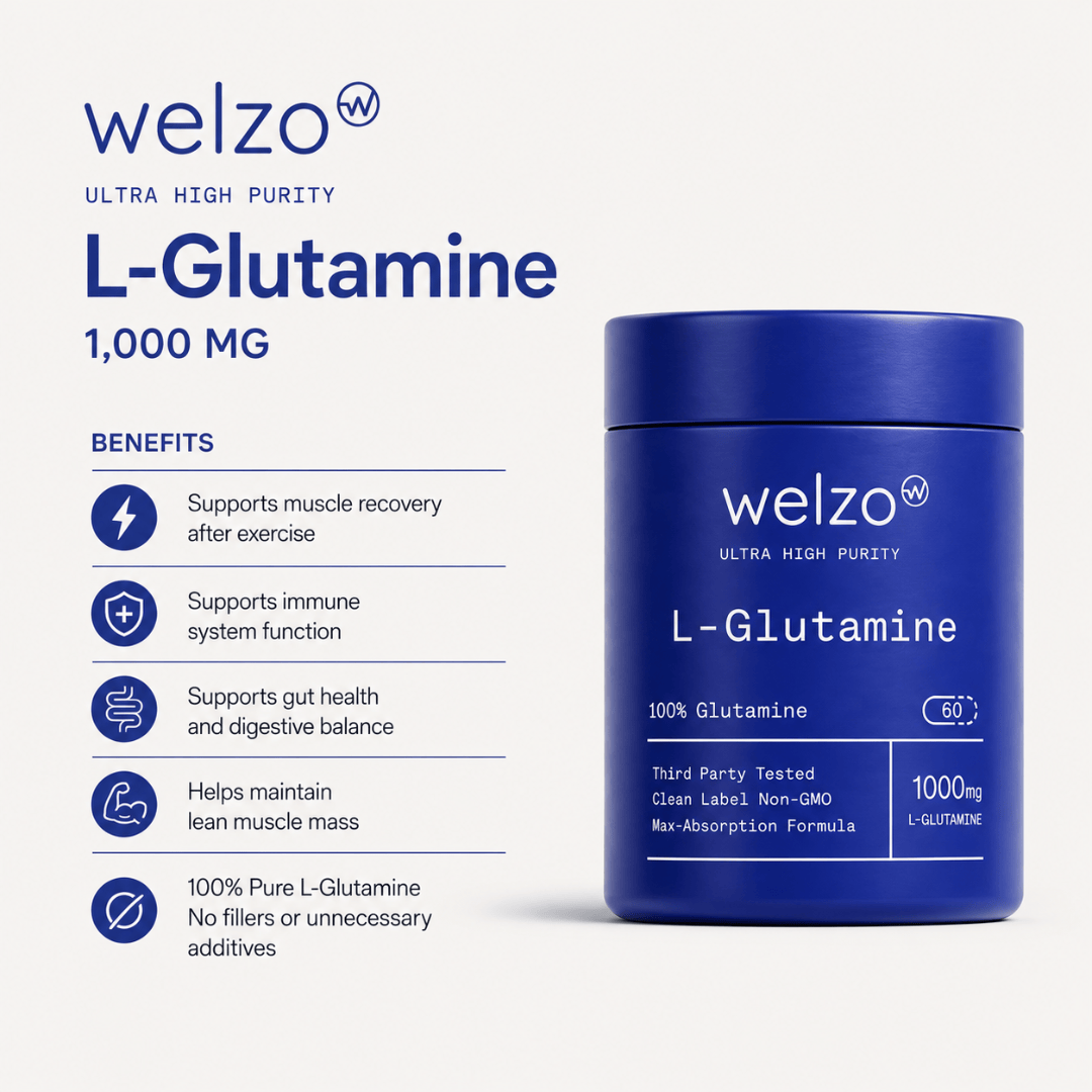 Welzo Ultra Purity L-Glutamine amino acid capsules for gut and recovery – view 4