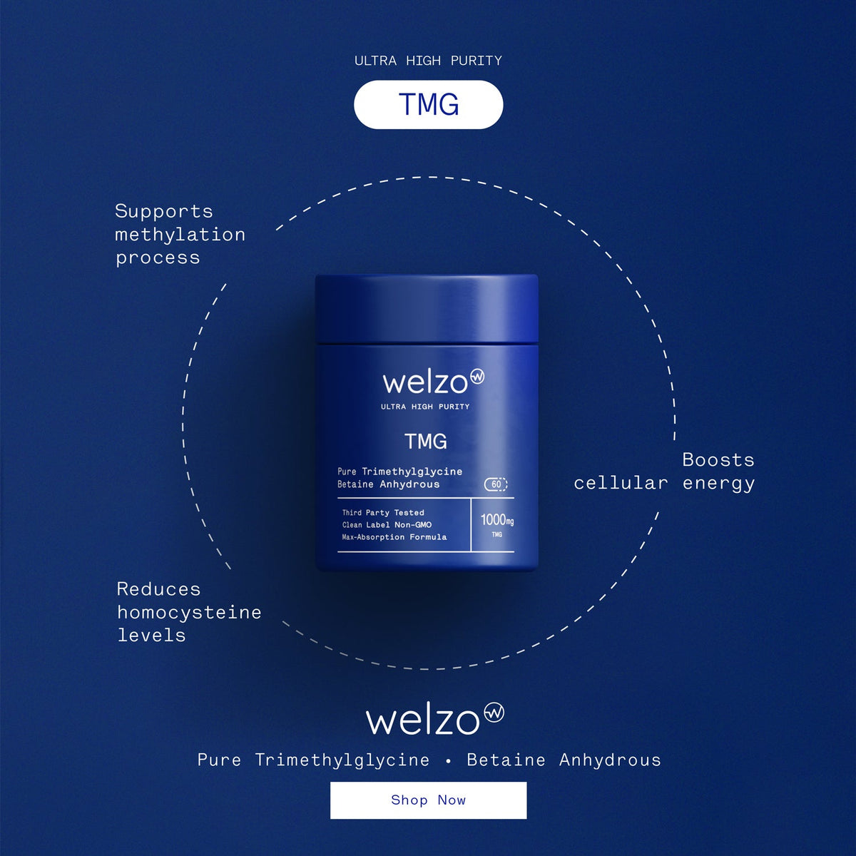Welzo Ultra Purity TMG trimethylglycine methylation capsules – view 9