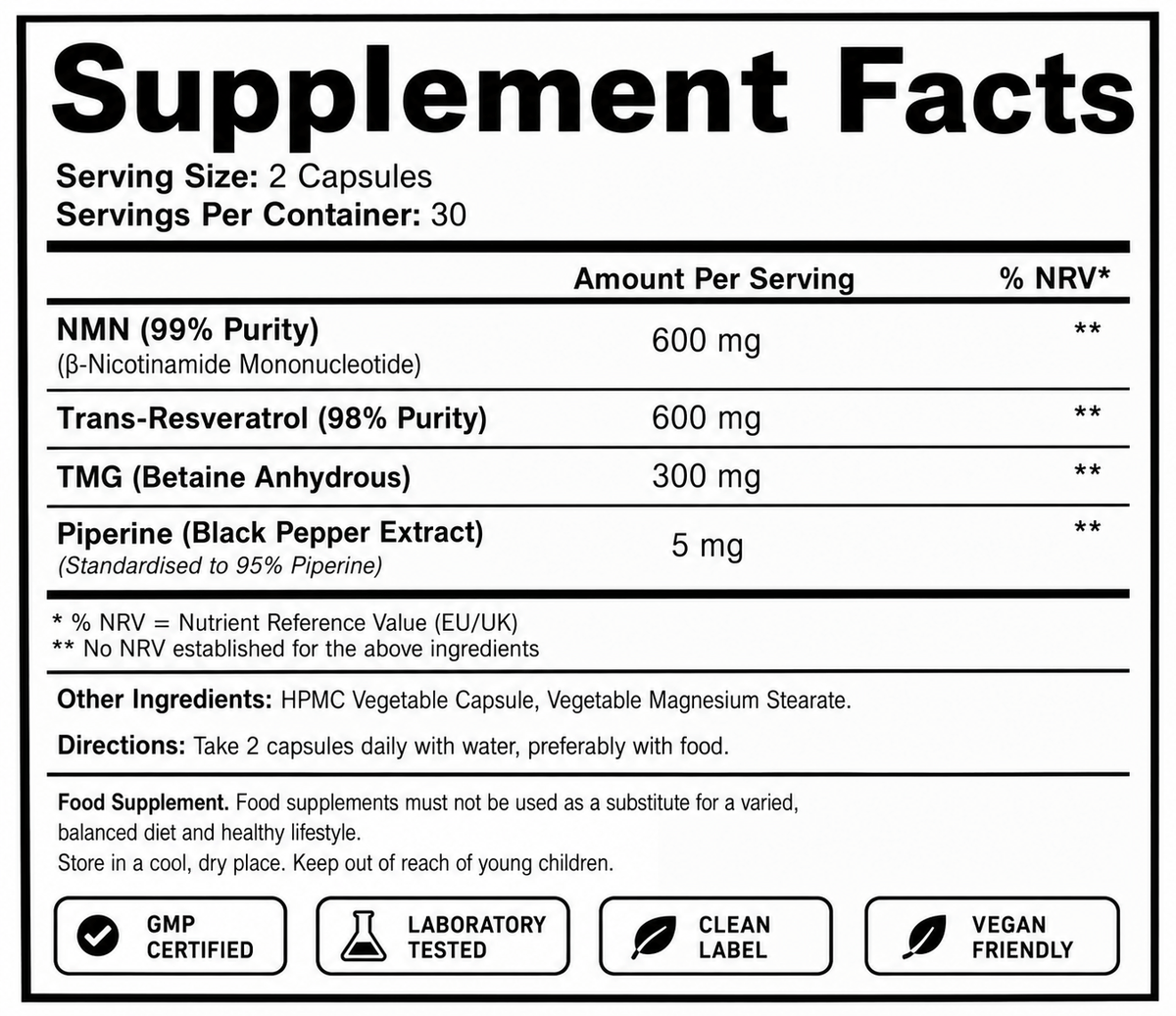 Welzo Ultra Purity Longevity Elite NMN resveratrol TMG piperine capsules – view 10