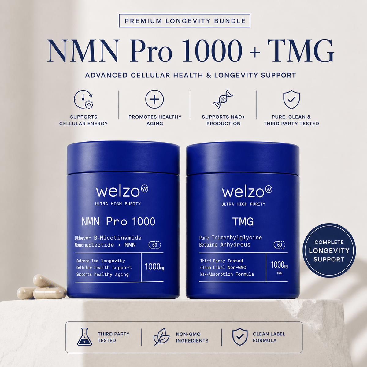 Welzo Ultra Purity NMN and TMG stack NAD+ methylation support – view 2