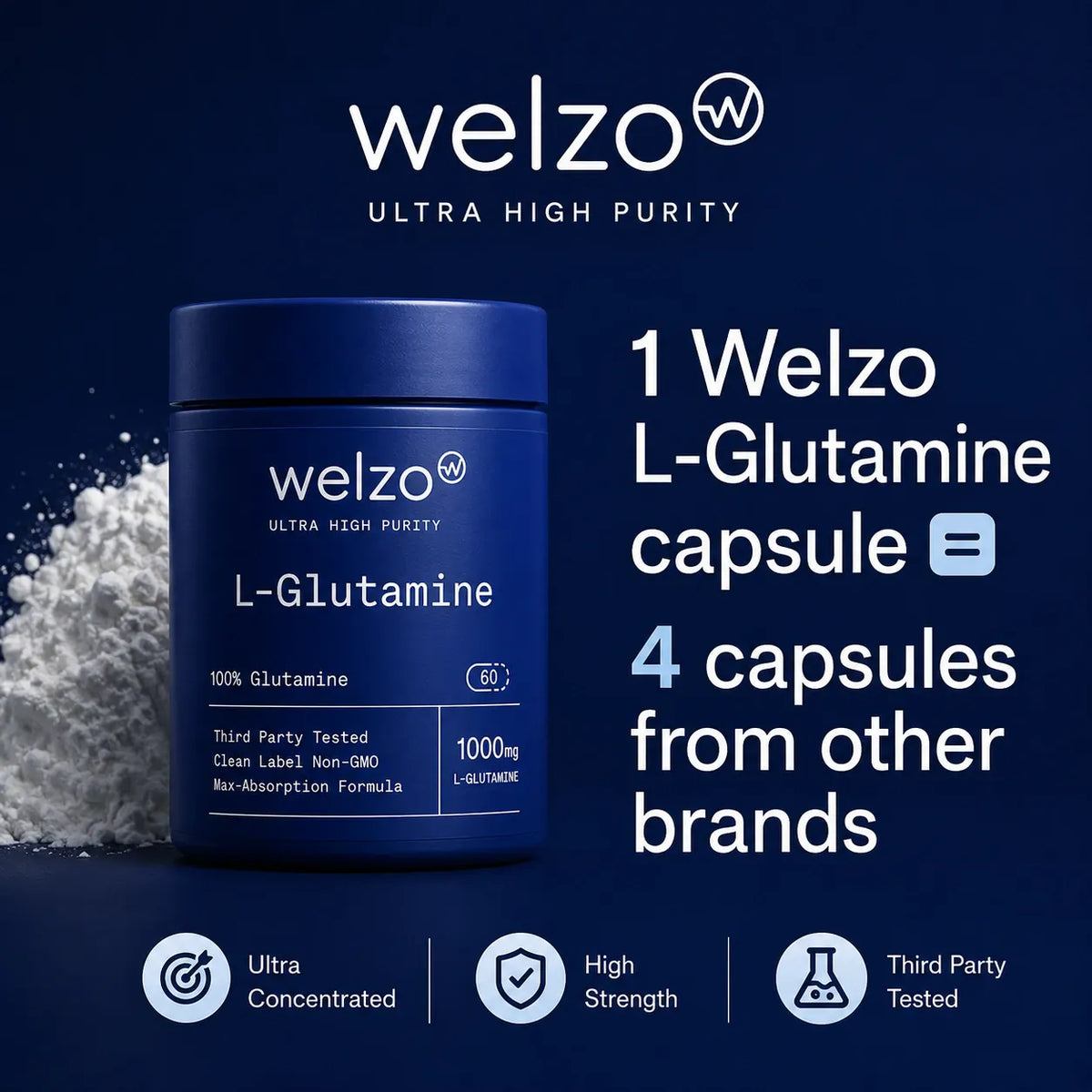 Welzo Ultra Purity L-Glutamine amino acid capsules for gut and recovery – view 3