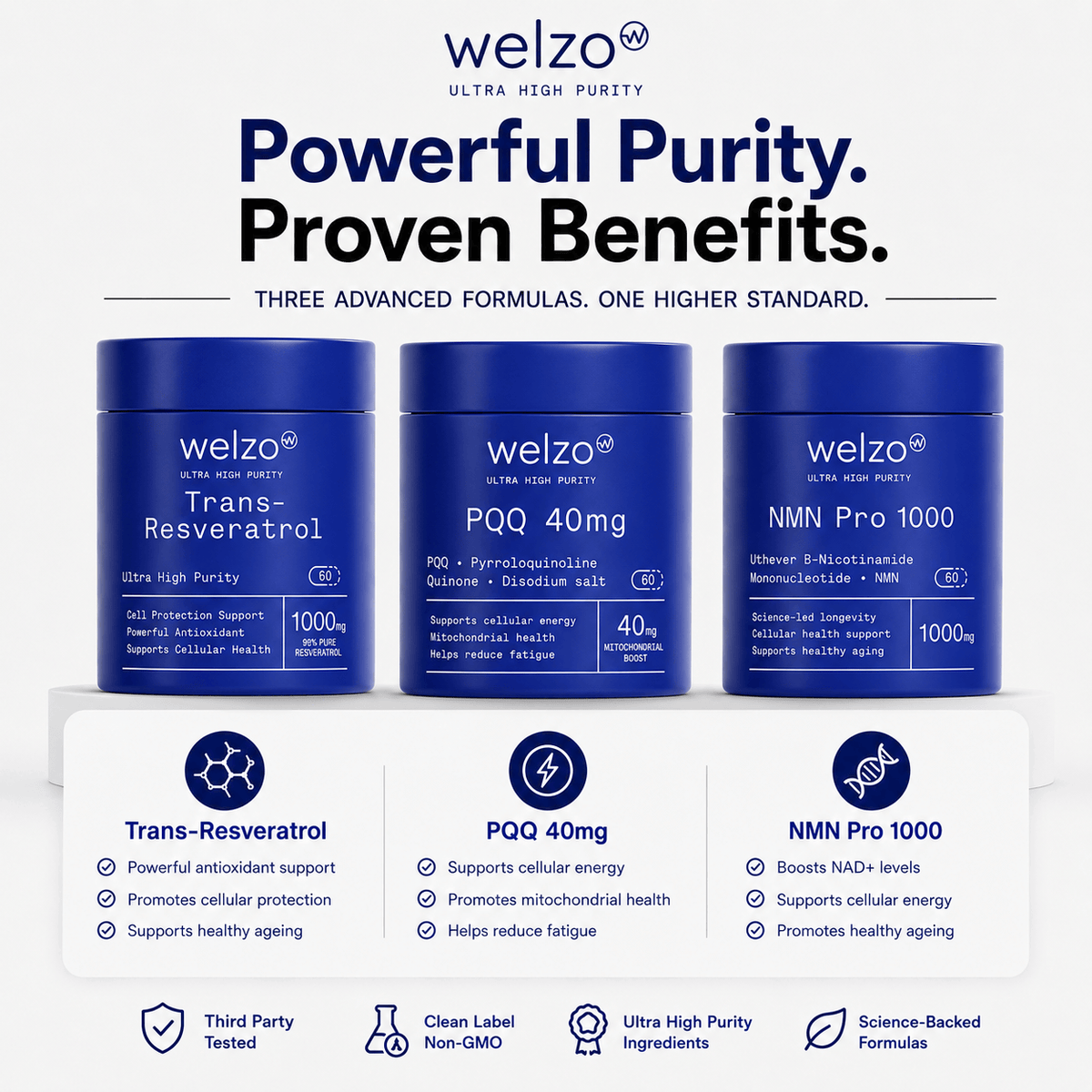 Welzo Ultra Purity Longevity and Cellular Support three-supplement bundle – view 2