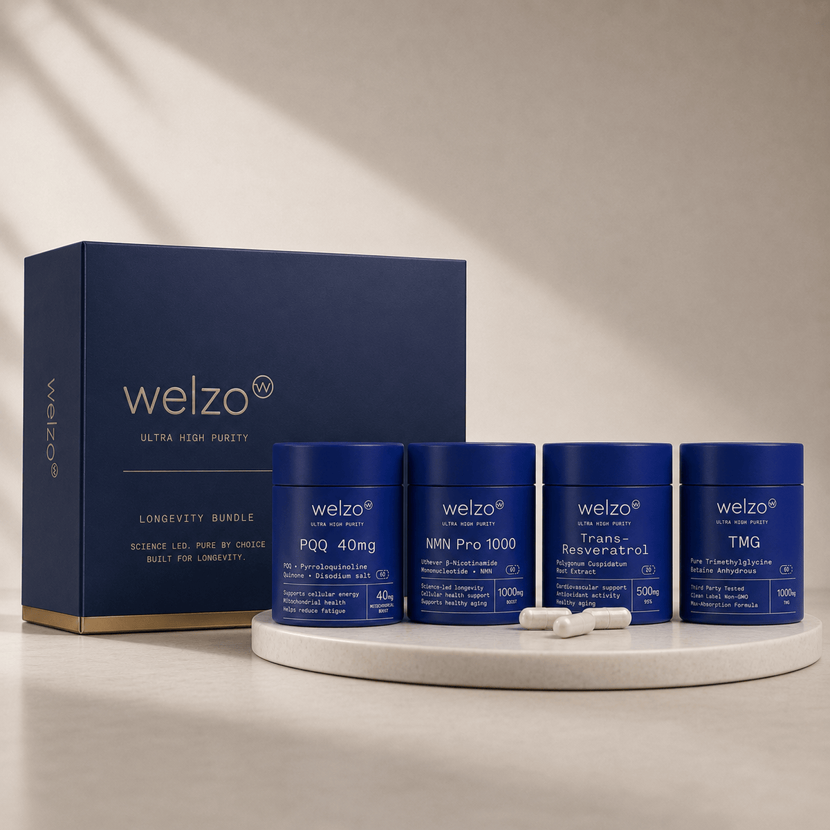 Welzo Ultra Purity Ultimate Longevity Stack NMN resveratrol TMG PQQ