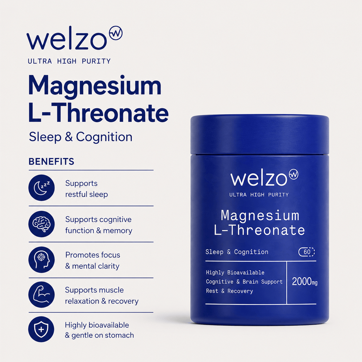 Welzo Ultra Purity Magnesium L-Threonate 2000mg brain and sleep capsules – view 4