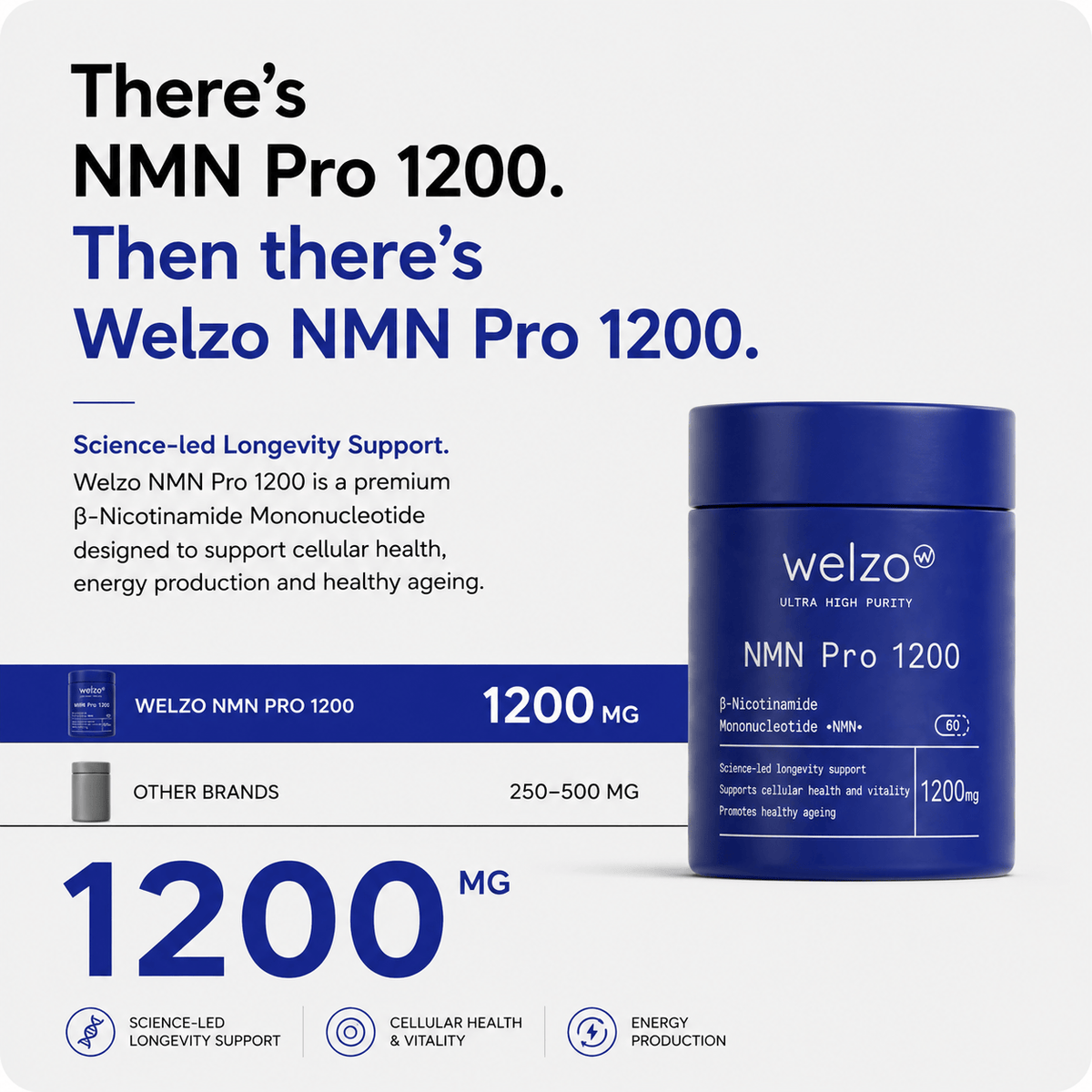 Welzo Ultra Purity NMN Pro 1200mg max strength NAD+ capsules – view 3