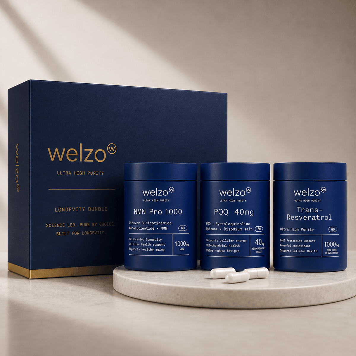 Welzo Ultra Purity NMN trans-resveratrol PQQ cellular energy bundle