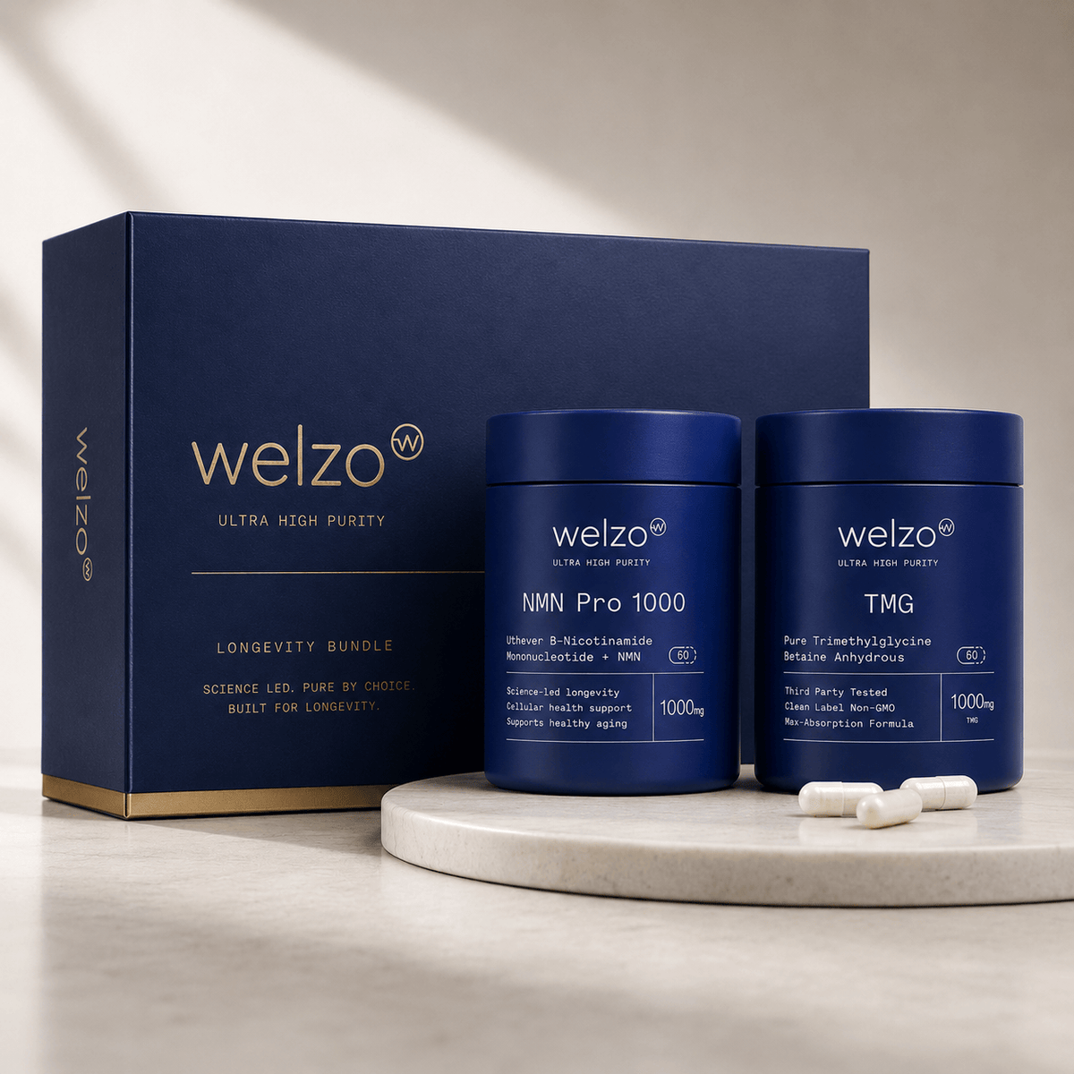 Welzo Ultra Purity NMN and TMG stack NAD+ methylation support