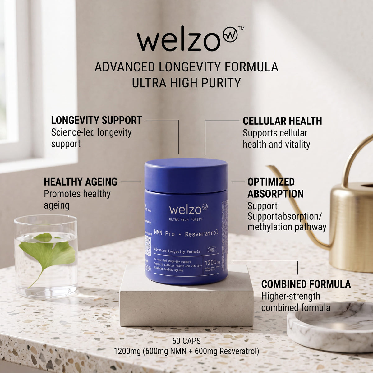 Welzo Ultra Purity Longevity Elite NMN resveratrol TMG piperine capsules – view 6