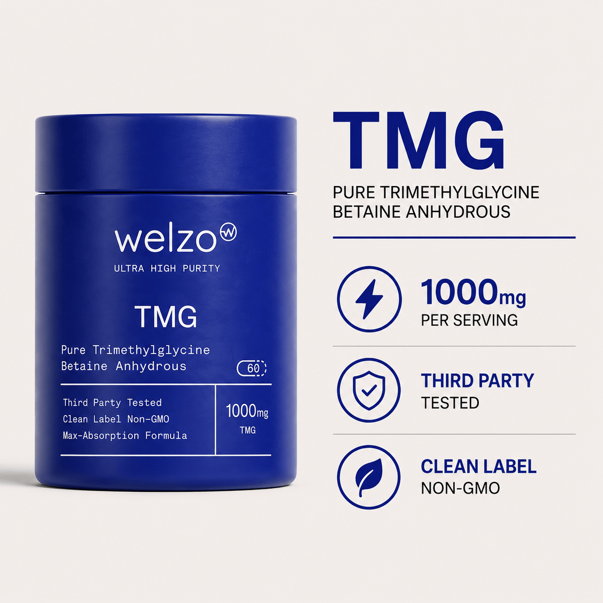 Welzo Ultra Purity TMG trimethylglycine methylation capsules – view 5