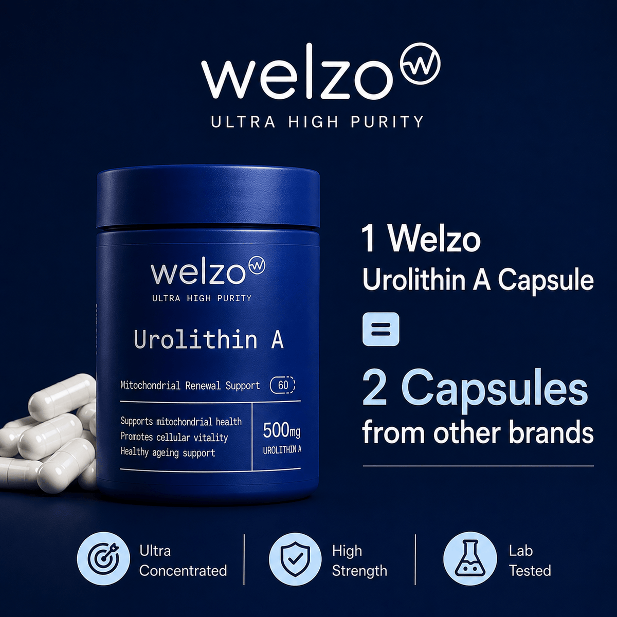 Welzo Ultra Purity Urolithin A 500mg mitochondrial health capsules – view 3