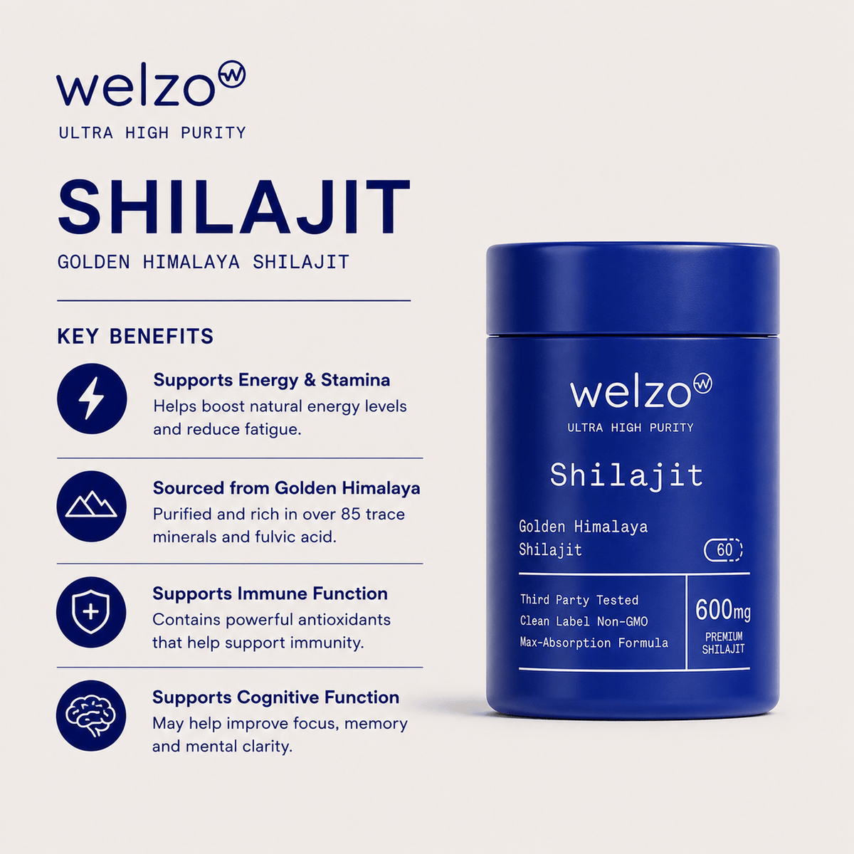 Welzo Ultra Purity shilajit ashwagandha rhodiola ginseng adaptogen capsules – view 3